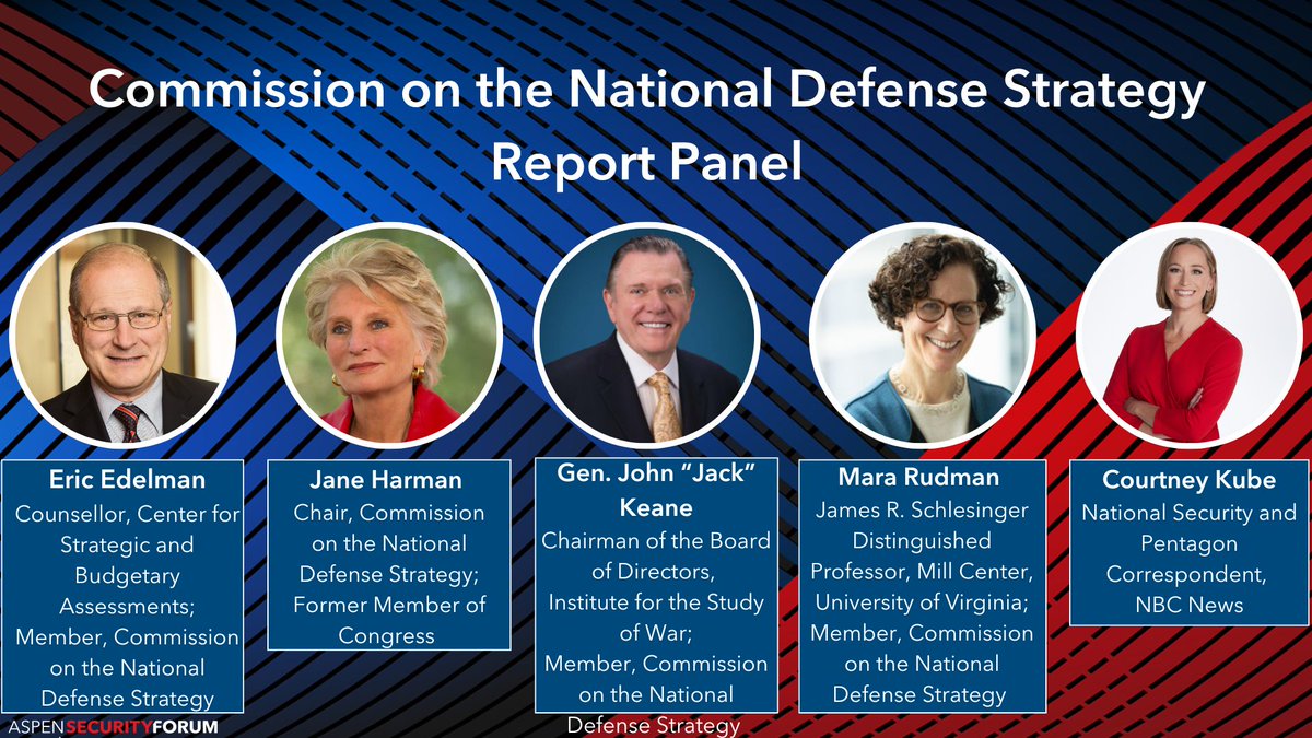 Commission Chair Jane Harman: bipartisan commission unanimous “threats [facing U.S.] greater than WW II.” Need “fundamental change to way Pentagon does business, lack of urgency.” “Clearly a broken budgeting process,” “how to pay for fixes.” Gen Jack Keane: 2018 NDS Commission showed us how U.S. military has atrophied. “5 years later have failed to keep up with threats.” “Potential for near term war is real.” “China is outpacing US military has negated US military advantage after 2 decades of investment.” “When we get within 1000 miles of Chinese mainland the military advantage moved to China, would be challenged to win. We could lose,” Gen Jack Keane tells @AspenSecurity