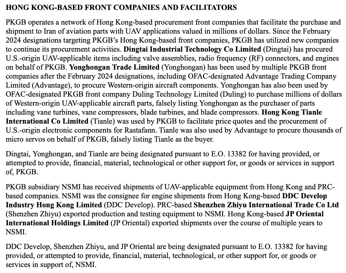 USA verhängen Sanktionen gegen sechs Unternehmen in Hongkong und China, weil sie dem Iran beim Bau von Drohnen geholfen haben: -Dingtai Industrial Technology: -Yonghongan Trade; -Hong Kong Tianle International Co; -DDC Develop; -Shenzhen Zhiyu International; -JP Oriental International Holdings