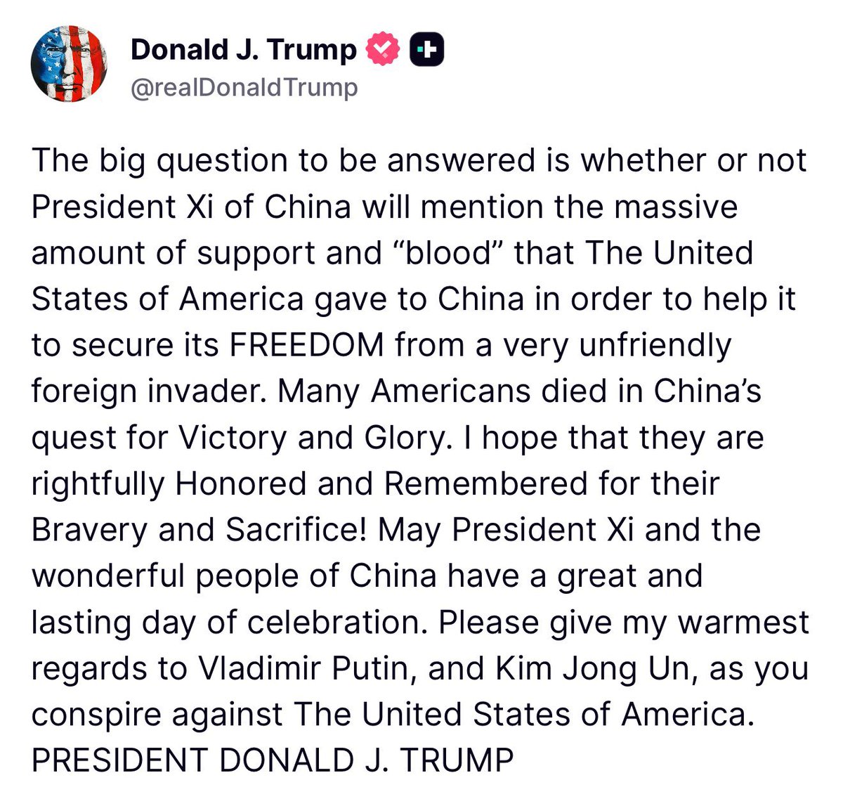 Please give my warmest regards to Putin, and Kim Jong Un, as you conspire against The United States of America, - Trump