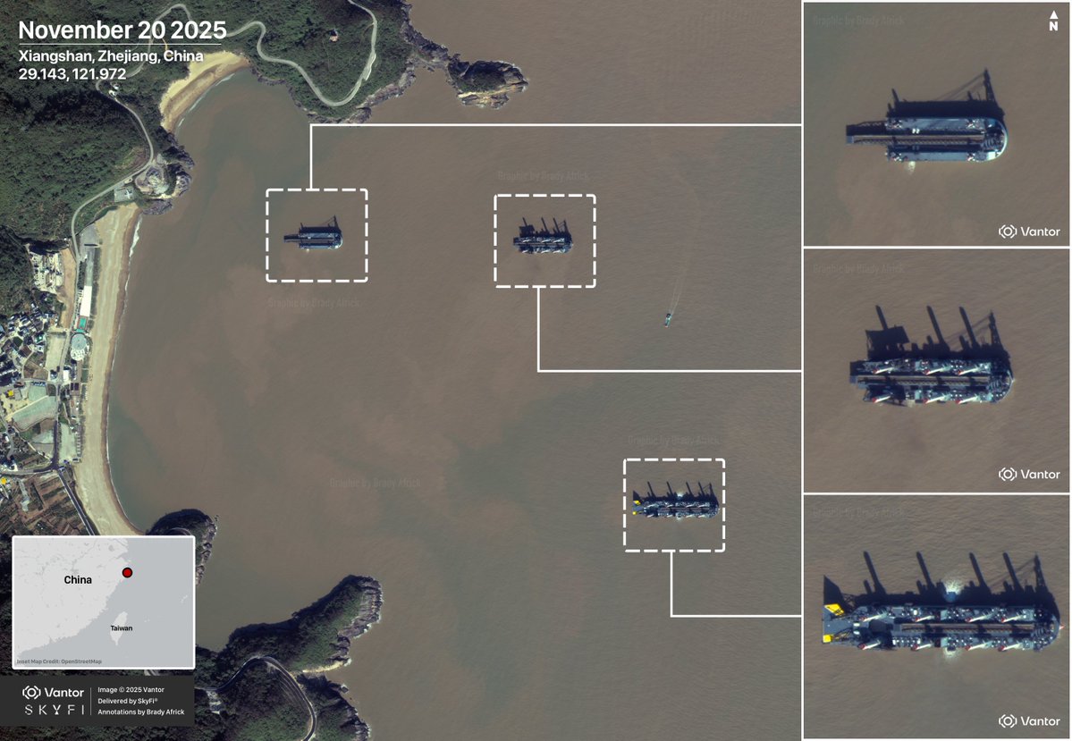 New satellite imagery shows China’s assault barges undergoing further testing along the country’s east coast. Imagery from @vantortech via @SkyfiApp