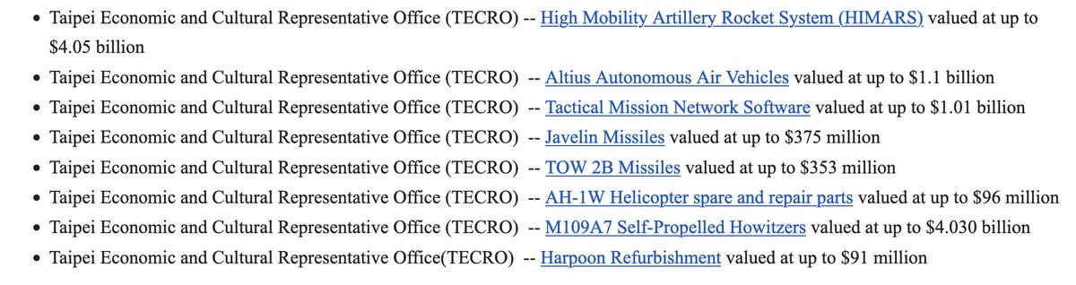 EE. UU. aprueba la venta de armas por valor de 12.000 millones de dólares a Taiwán ante el aumento de la tensión con Pekín. El Departamento de Estado aprueba ocho importantes paquetes militares, incluyendo HIMARS y drones autónomos.