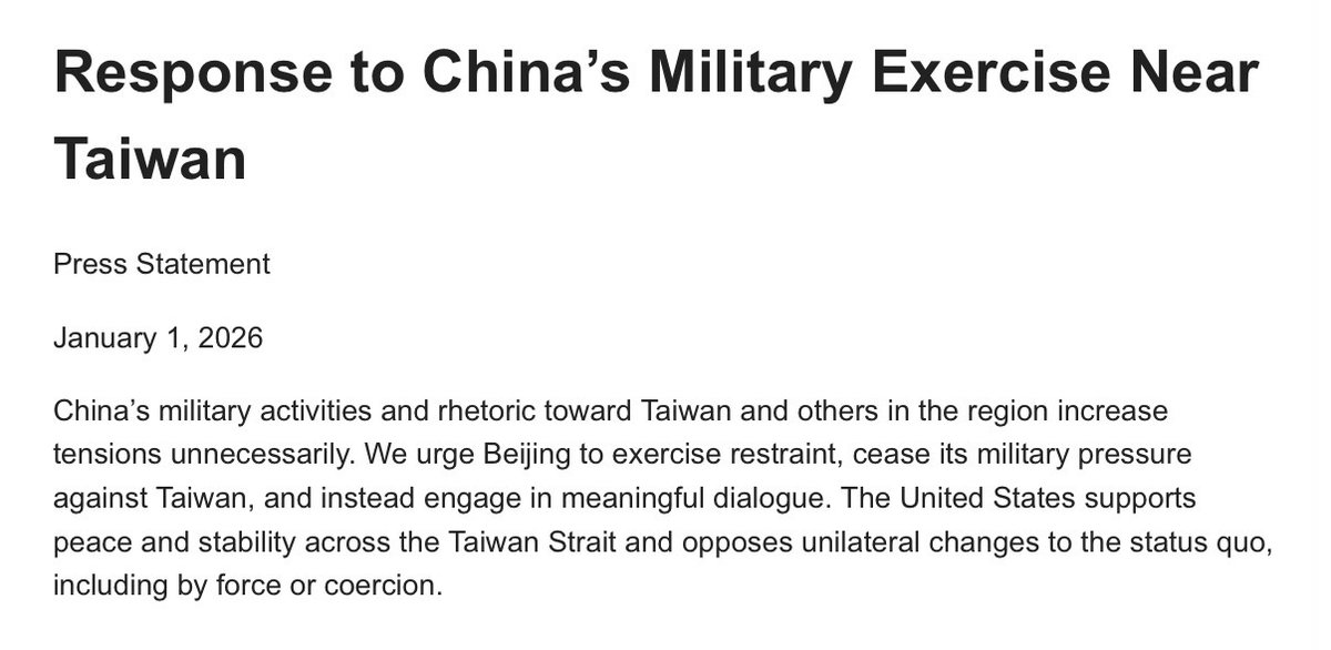 Les États-Unis affirment que les exercices militaires chinois près de Taïwan  attisent inutilement les tensions .  Nous exhortons Pékin à faire preuve de retenue, à cesser ses pressions militaires contre Taïwan et à engager plutôt un dialogue constructif , a déclaré le département d'État américain.