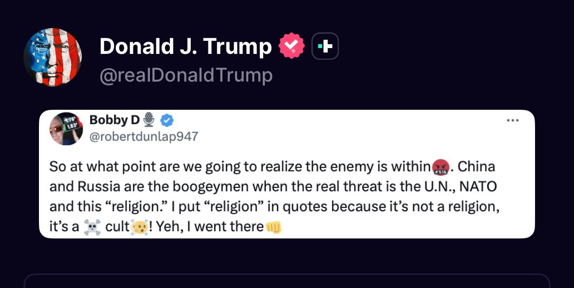 Trump amplifies post that says NATO — not China or Russia — is part of the “real threat” to America