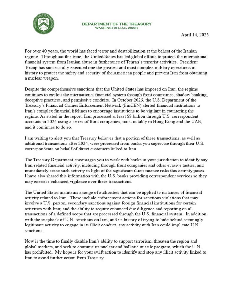 The U.S. Department of the Treasury sent a letter to the United Arab Emirates (UAE), Hong Kong, China, and Oman advising them of banks within their jurisdiction that have allowed, potentiated, and benefited from Iranian illicit activity and asked them to take swift action against them and cease these activities. The letter, shared by Al-Monitor’s diplomatic correspondent Elizabeth Hagedorn, is the latest in a slew of Treasury actions relating to Iran